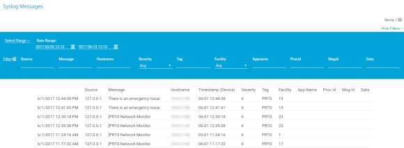 Capture d'écran PRTG messages Syslog