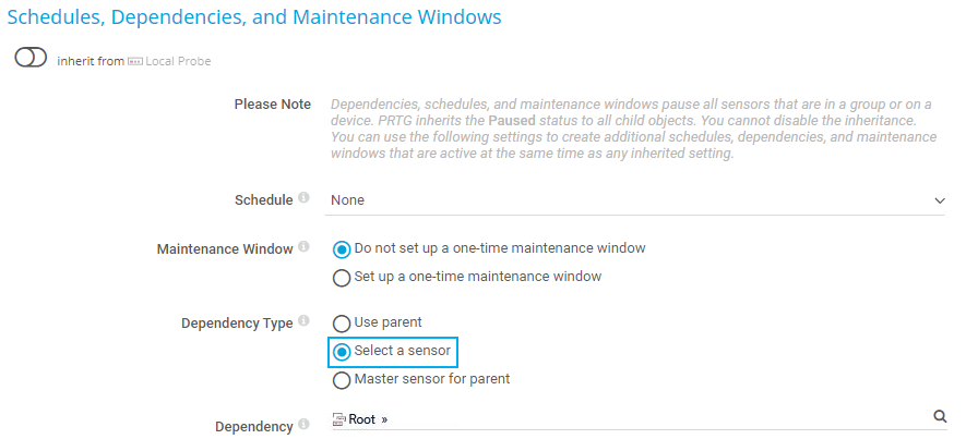 Captura de tela Tipo de dependência do PRTG: selecione um sensor 