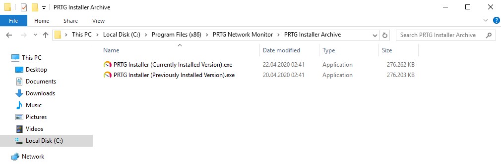 Archivio dell'installazione di PRTG Screenshot