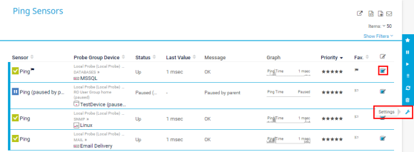 PRTG Screenshot Ping sensors