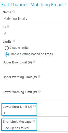 Capture d'écran PRTG Modifier le canal "matching emails" (correspondances)