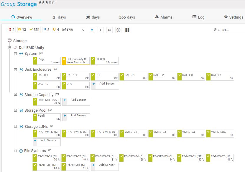 Capture d'écran PRTG Configuration du dispositif de stockage du groupe