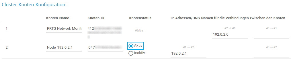 PRTG-Screenshot Cluster-Knoten einrichten