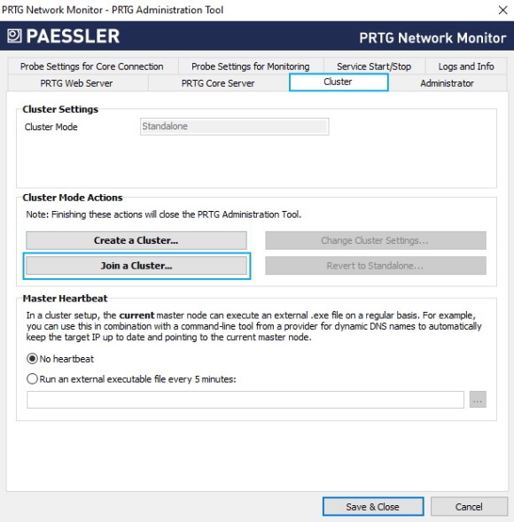 Schermata di PRTG che si unisce a un cluster