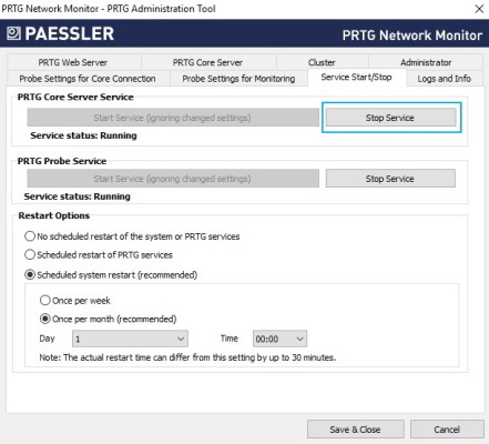 PRTG Administration Tool pour les captures d'écran