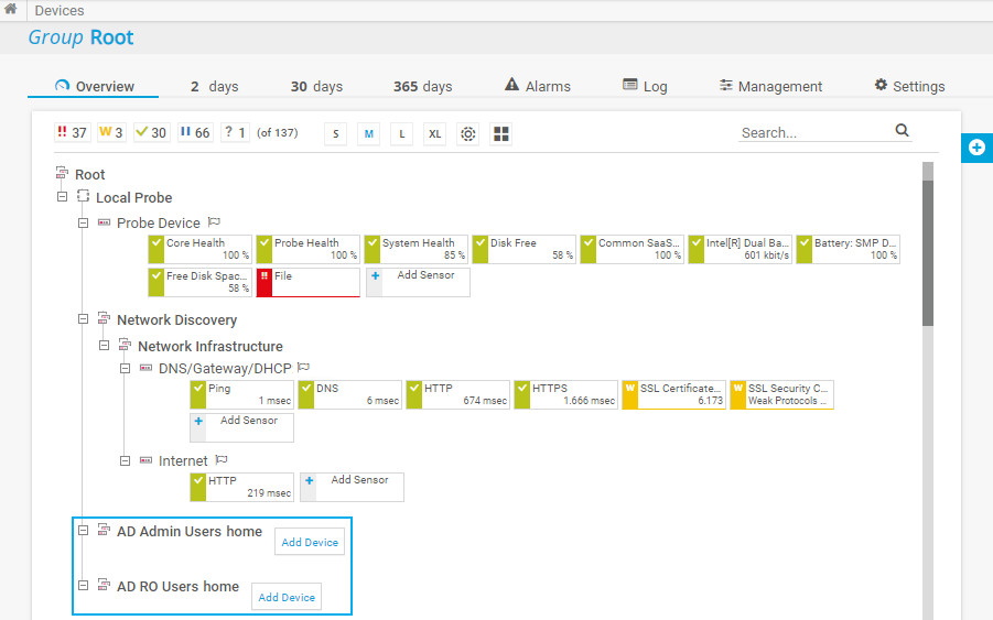 Screenshot PRTG device tree objects