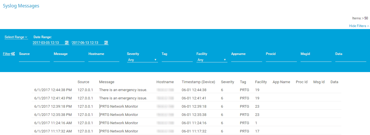 Capture d'écran PRTG messages Syslog