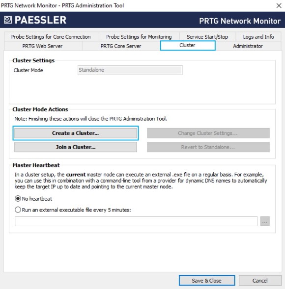 Schermata di PRTG Creare un cluster