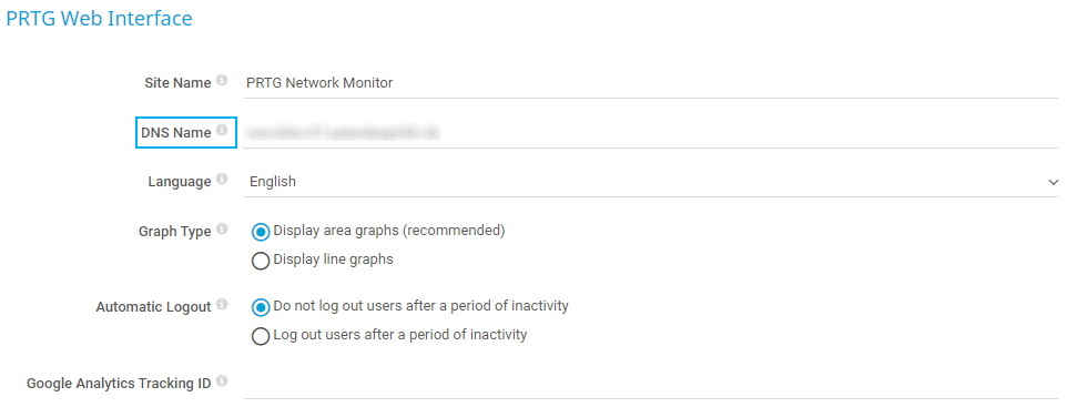 Schermata dell'interfaccia web PRTG - Nome DNS