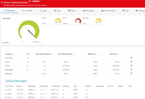 Capteur de capture d'écran PRTG récepteur Syslog