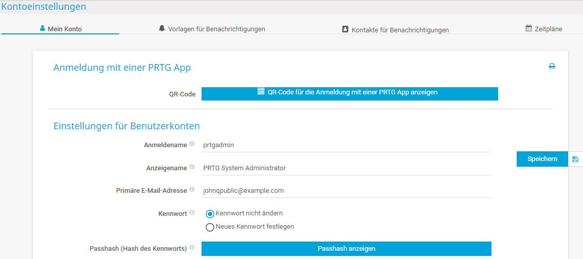 PRTG SCreenshot Kontoeinstellungen
