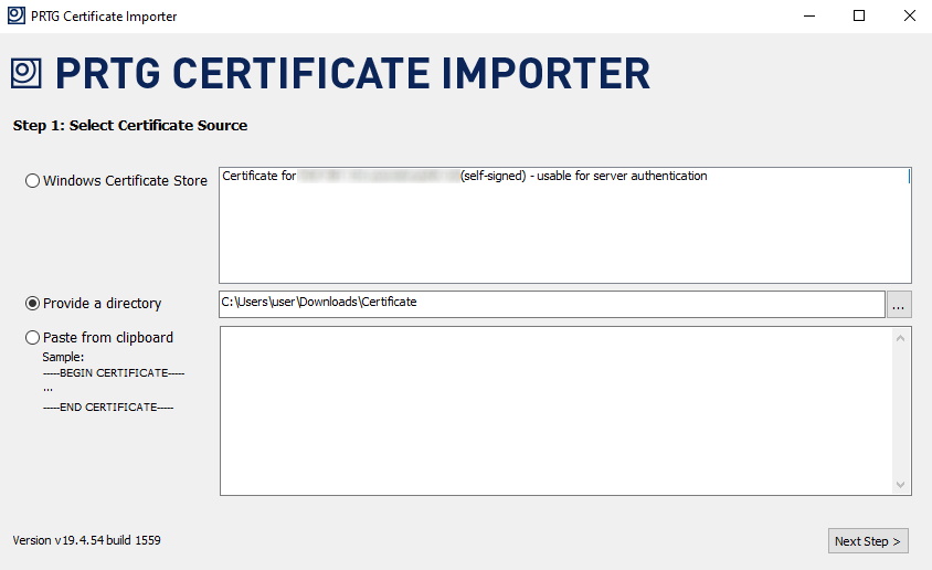 Importateur de certificats de capture d'écran PRTG