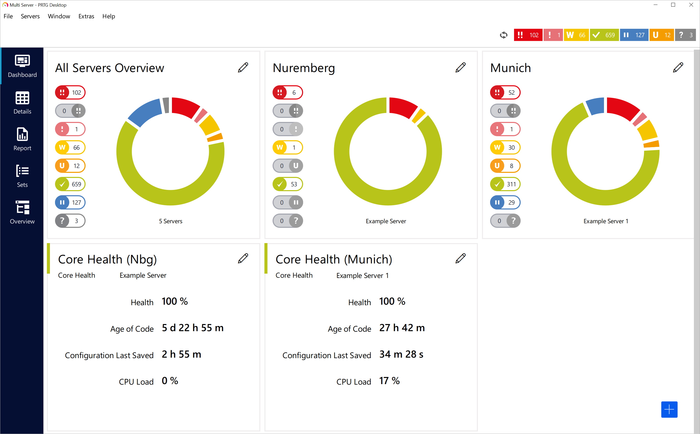 Tableau de bord multi serveurs dans l'application PRTG pour desktop