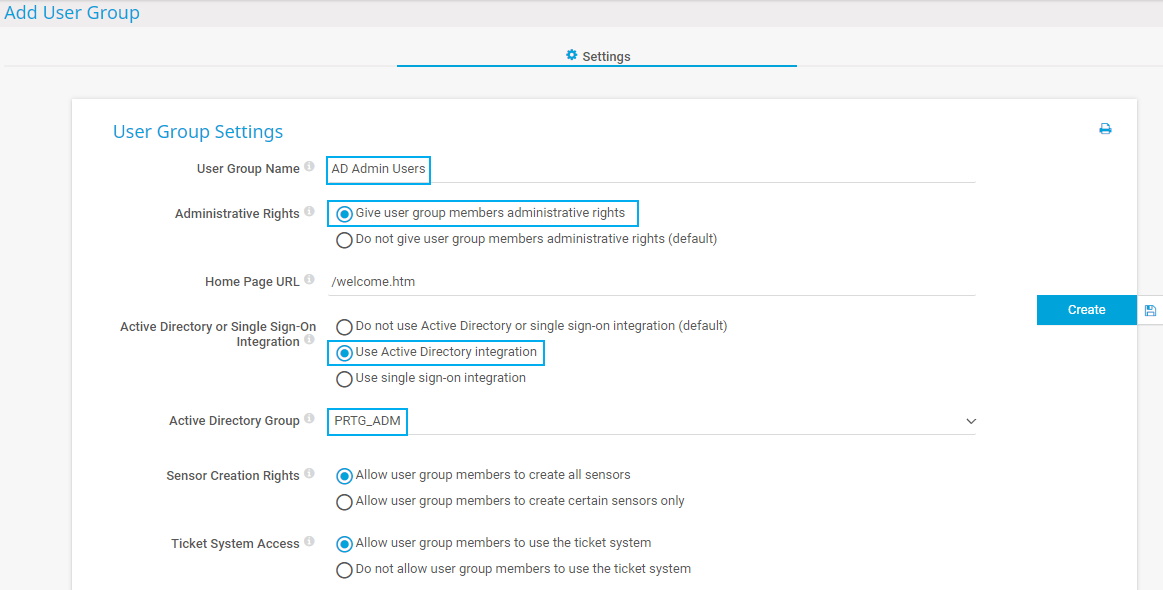 Screenshot PRTG Add User Group