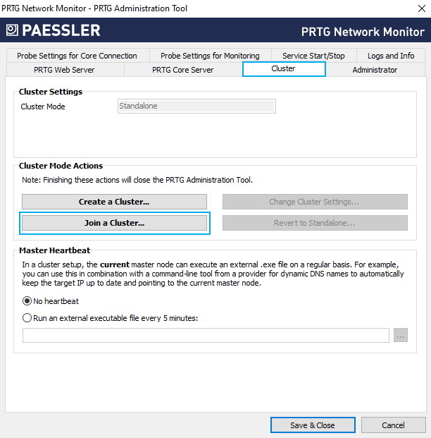 Schermata di PRTG che si unisce a un cluster