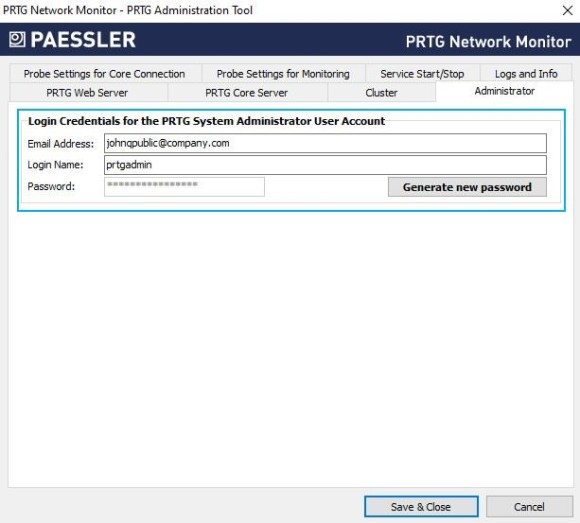 PRTG Screenshot strumento di amministrazione modifica credenziali di accesso